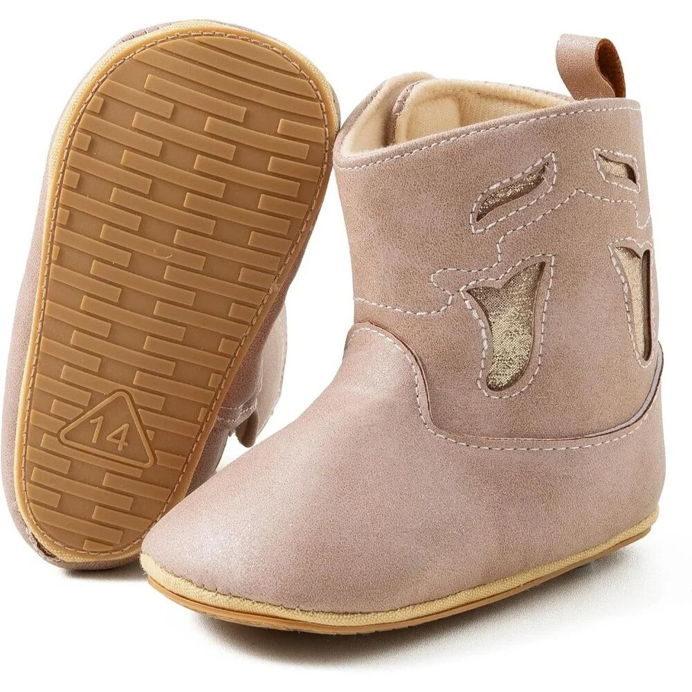 Newborn Boys Girl Twillight Pink Rubber Non-Slip Soft Sole First Walker Booties